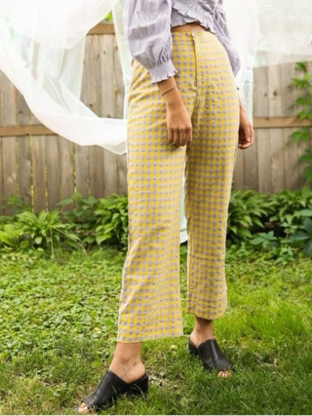 FIND ME NOW Women’s casi pants High-Waist gingham Yellow lilac size small